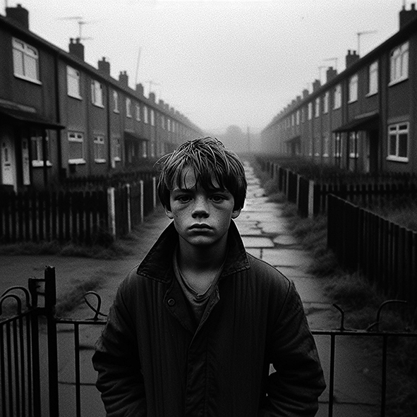 Black and white photo of a boy looking at the camera from the end of a poor-looking British terraced street